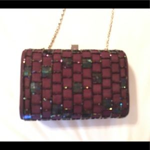 Brown satin, sequined, and beaded Vanessa evening purse. See full description.